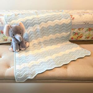 NEW Blue and White Ripple Baby Blanket HAND-CROCHETED BY SELLER 36 X 32 INCHES